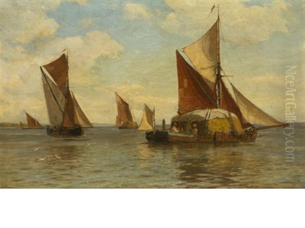 Haybarges At The Mouth Of The Thames (+ Sunlit Fjord Scene, 1924; 2 Works) Oil Painting by Laurits Bernhard Holst