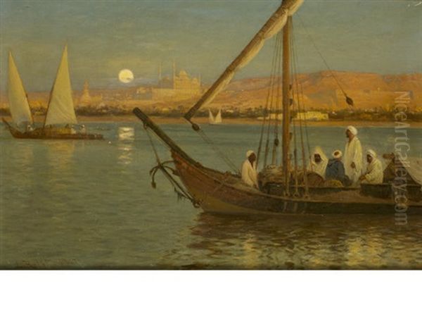 Afterglow Or Moonrise/on The Nile Oil Painting by Laurits Bernhard Holst