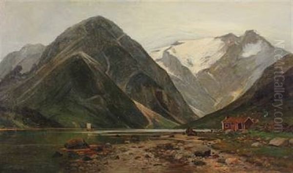 Scenery From A Norwegian Fiord With A Small Cabin In The Mountains Oil Painting by Laurits Bernhard Holst