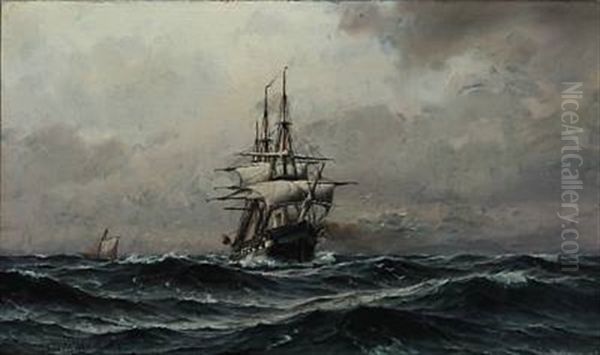 Seascape With A Sailing Ship In High Waves Oil Painting by Laurits Bernhard Holst