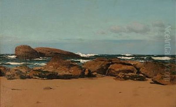 Beach Scene With Big Rocks Oil Painting by Laurits Bernhard Holst