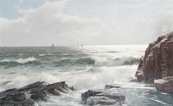 A Rocky Shoreline With Yachts In The Distance Oil Painting by Laurits Bernhard Holst