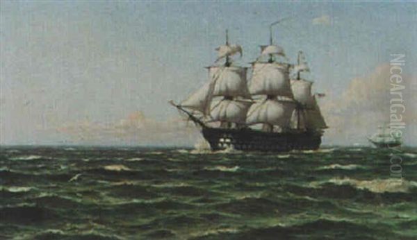 A Three Deck Warship Under Sail Oil Painting by Laurits Bernhard Holst