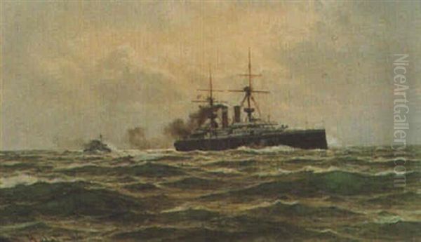 An Ironclad At Sea Oil Painting by Laurits Bernhard Holst