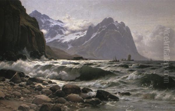 Rocky Coastline With Distant Shipping Oil Painting by Laurits Bernhard Holst