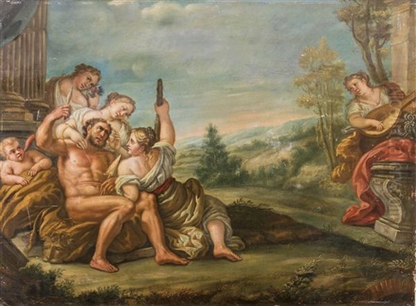 Herkules Sitzend Auf Lowenfell Bei Konigin Omphale In Landschaft by Cornelis Holsteyn