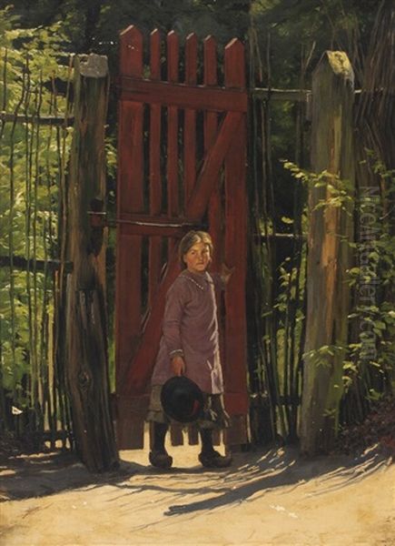 Scenery With A Little Girl At A Red Gate Oil Painting by Sophie Holten