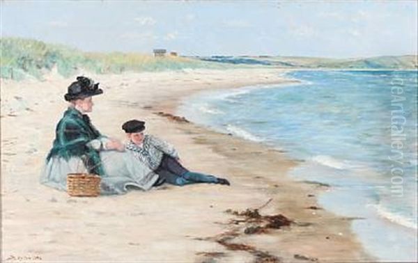 Beach Scene With A Mother And Her Son Oil Painting by Sophie Holten