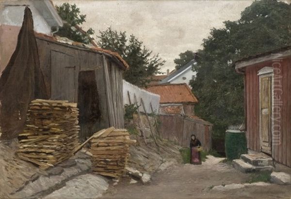 Woman Walking In A Small Town Oil Painting by Wilhelm Holter