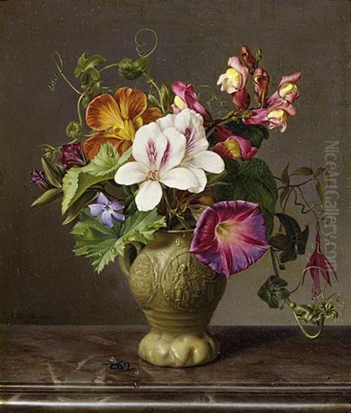 Sommerlicher Blumenstraus In Einer Siegburger Steingutvase Oil Painting by Ludwig Holthausen