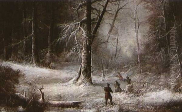 Deer Hunters In A Snowy Forest Oil Painting by Ludwig Holthausen