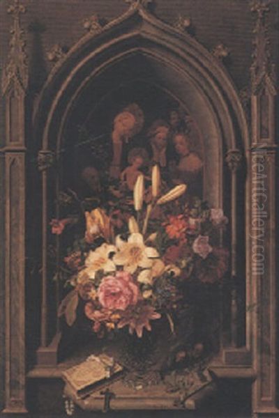 Stilleben Mit Blumenstrauss Vor Gotischer Nische Oil Painting by Ludwig Holthausen