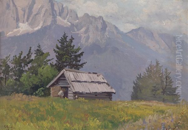 Hutte Auf Der Waucha Alm Krain Oil Painting by Georg Holub