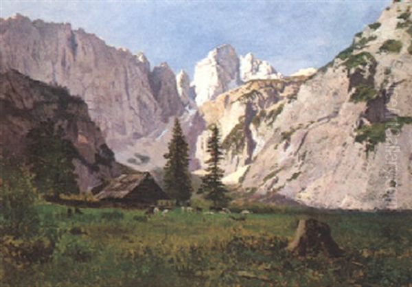 Gebirgslandschaft Mit Almhutte Und Weidevieh Oil Painting by Georg Holub