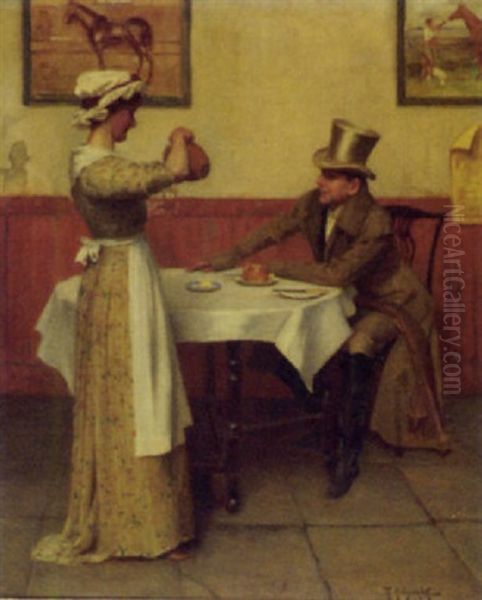 Maid Pouring A Drink For A Gentleman Oil Painting by Rowland Holyoake