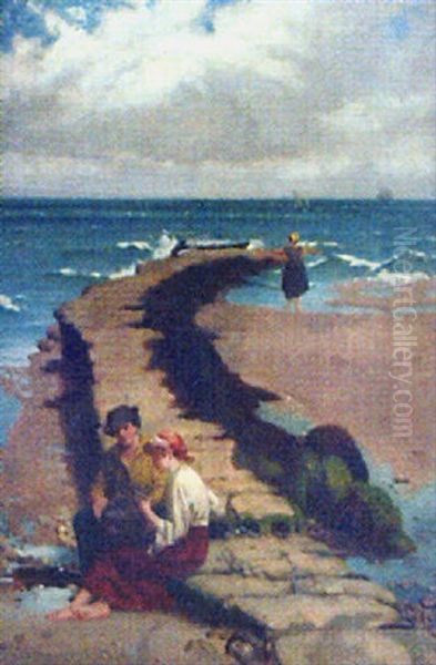 Fisherfolk By A Jetty Oil Painting by William Holyoake