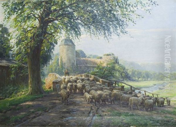 Sommertag Bei Ratingen (schafherde Am Haus Zum Haus) Oil Painting by Albert Holz