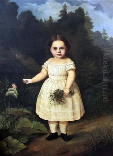 Full Length Portrait Of A Girl Standing In A Garden, With Butterflies And Trees Beyond Oil Painting by Hermann Holz