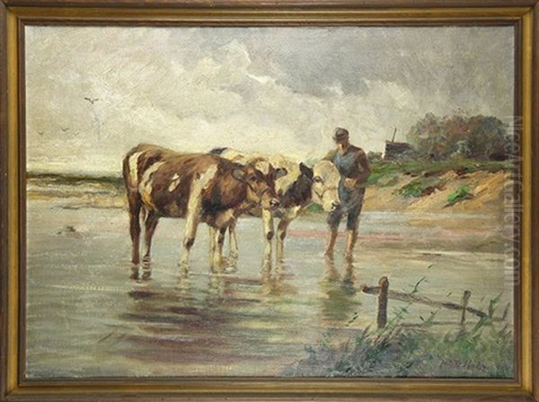 Cattle Bathing Oil Painting by Johann Daniel Holz