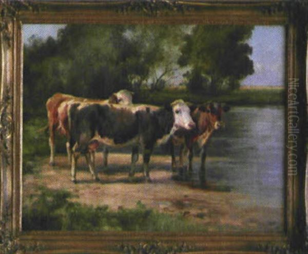 Drei Kuhe Am Weiher Oil Painting by Johann Daniel Holz