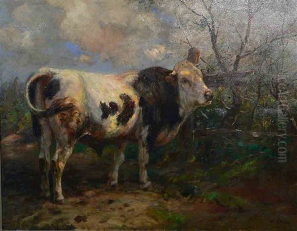 Junger Stier An Weidezaun Oil Painting by Johann Daniel Holz