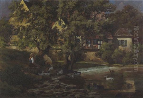 Magd Mit Gansen Am Dorfbach Oil Painting by Joseph Michael Holzapfel