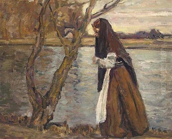 Frau An Der Amper (auf Dem Heimweg) Oil Painting by Adolf Hoelzel