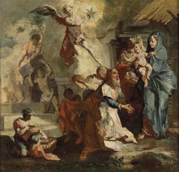 Die Heiligen Drei Konige Verehren Das Christuskind Oil Painting by Johann Evangelist Holzer