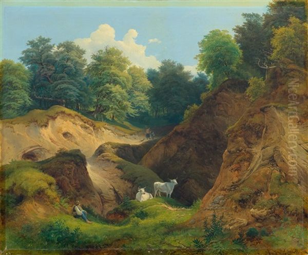 Shepherd With Animals In A Wooded Landscape Oil Painting by Josef Holzer