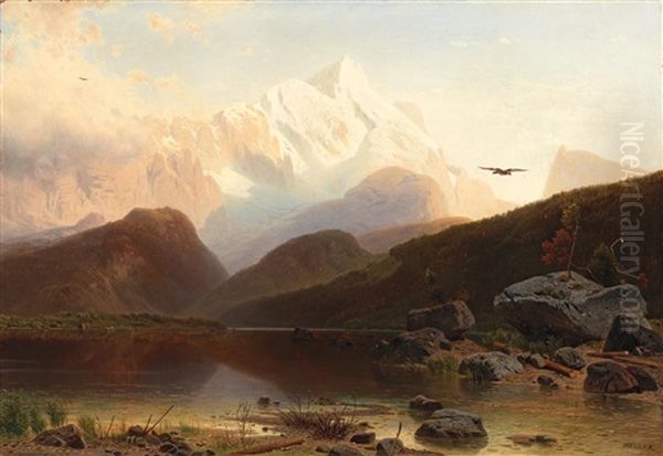 By A Mountain Lake Oil Painting by Josef Holzer