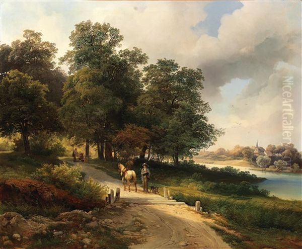 Hunters Meeting By The River Oil Painting by Josef Holzer