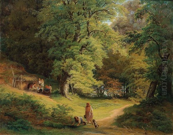 Waldlandschaft Mit Figurlicher Staffage Oil Painting by Josef Holzer