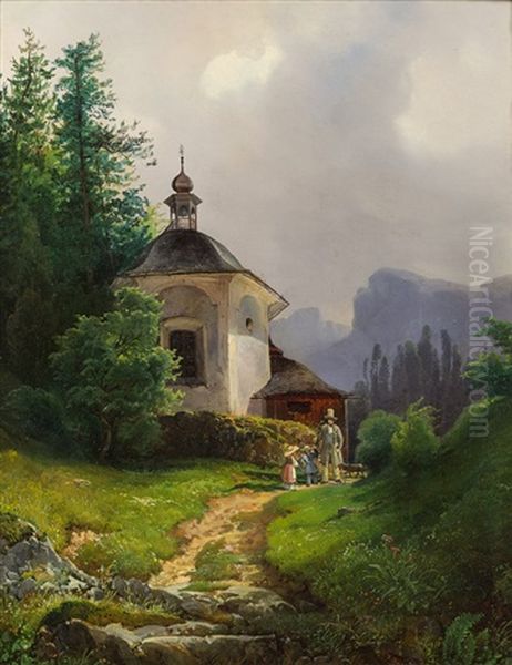 Kalvarienbergkapelle Von Hallstatt Oil Painting by Josef Holzer