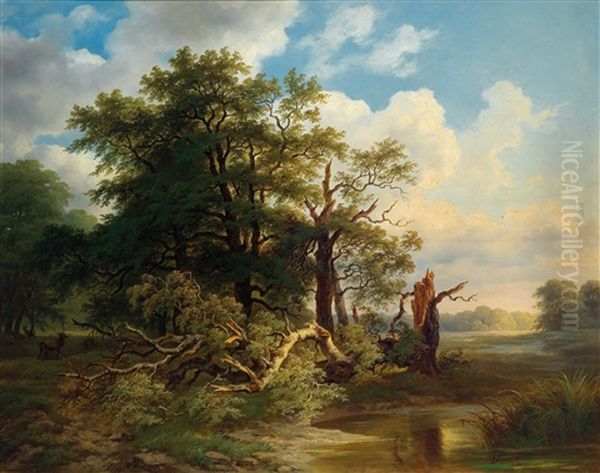 Rotwildrudel In Einer Aulandschaft Oil Painting by Josef Holzer