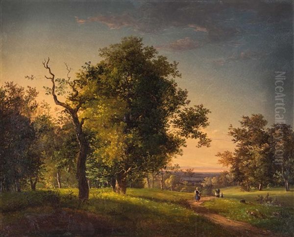 Wiesengesaumter Waldweg Mit Personenstaffage Und Fernblick Oil Painting by Josef Holzer