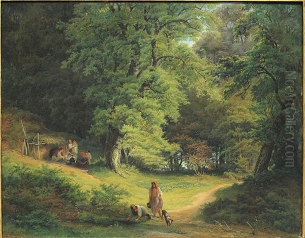 Zigeunerlager In Einer Waldlichtung Oil Painting by Josef Holzer