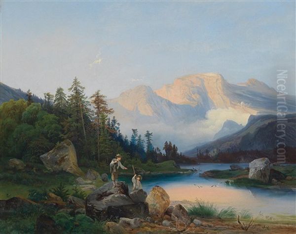 Wanderer Am Gebirgsseeufer Oil Painting by Josef Holzer