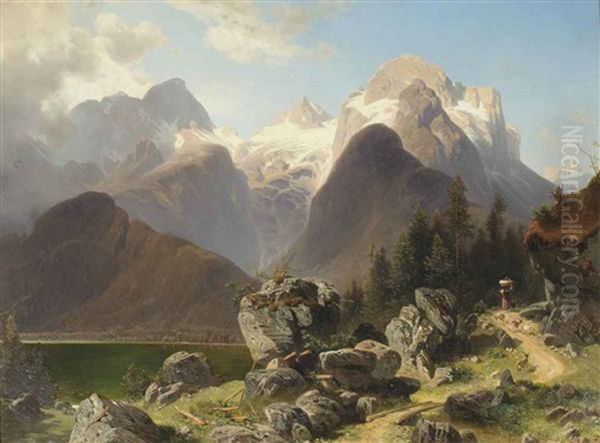 An Alpine Landscape With An Old Woman On A Pathway Oil Painting by Josef Holzer