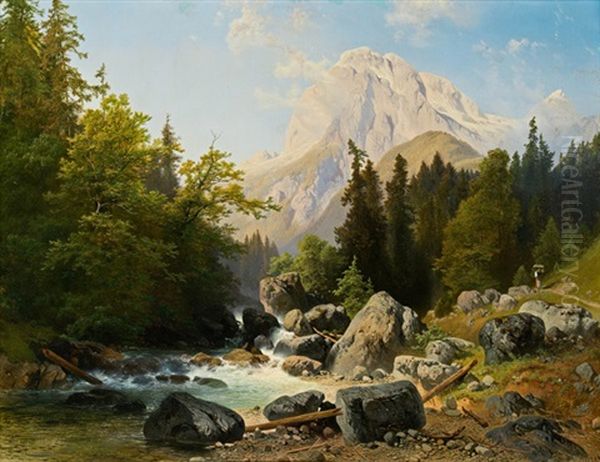 Gebirgslandschaft Mit Wildbach Oil Painting by Josef Holzer