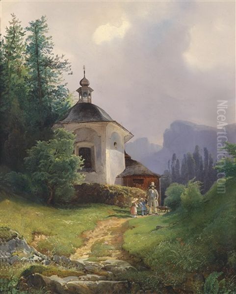 Kapelle Auf Dem Kalvarienberge In Der Lahn Bei Hailstadt (hallstatt) Oil Painting by Josef Holzer