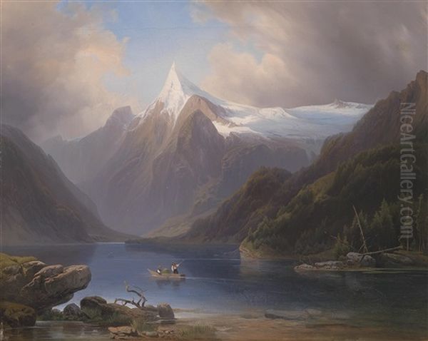 Gebirgssee Mit Blick Auf Schneebedeckte Berge Oil Painting by Josef Holzer