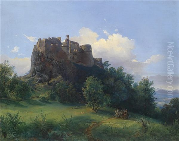 Seine Exzellenz Leopold Graf Palffy Am Schimmel Mit Seinem Forstmeister Prokop Unter Der Ruine Von Schloss Paulenstein Reitend Oil Painting by Josef Holzer