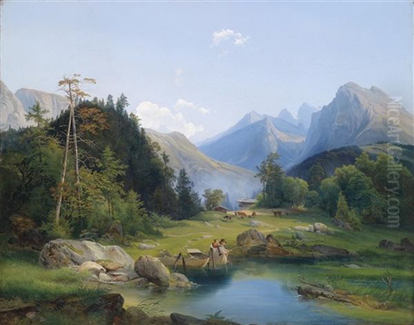 Gebirgslandschaft Mit Figurlicher Staffage Oil Painting by Josef Holzer