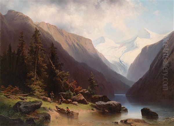 Blick Auf Den Dachstein Mit Figurlicher Staffage Oil Painting by Josef Holzer