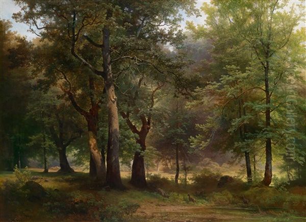 Grose Waldlandschaft Mit Rotwild Im Vordergrund Oil Painting by Josef Holzer