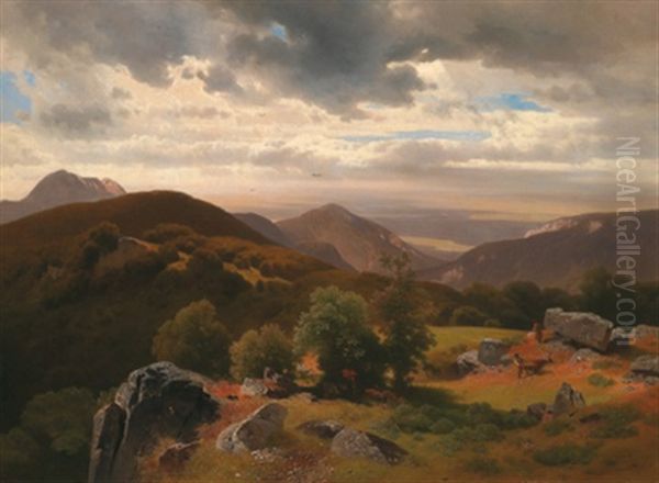 Weite Gebirgslandschaft Mit Jager Oil Painting by Josef Holzer