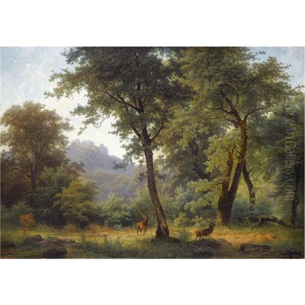 Waldlandschaft Mit Reh-forest Landscape With Deer Oil Painting by Josef Holzer