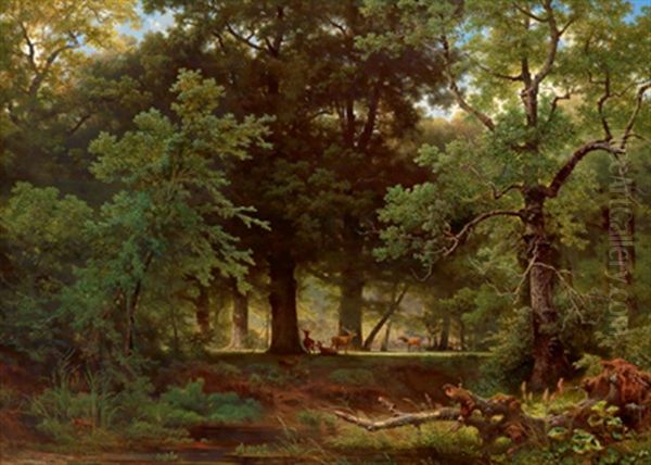 Rotwild In Den Praterauen Oil Painting by Josef Holzer