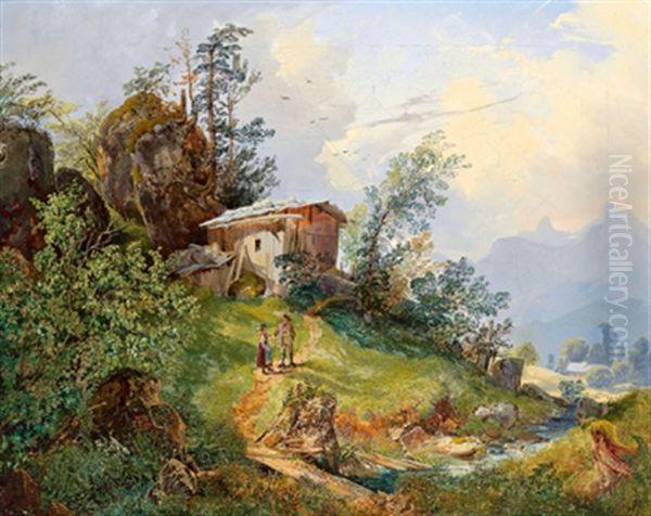 Begegnung Auf Der Alm Oil Painting by Josef Holzer