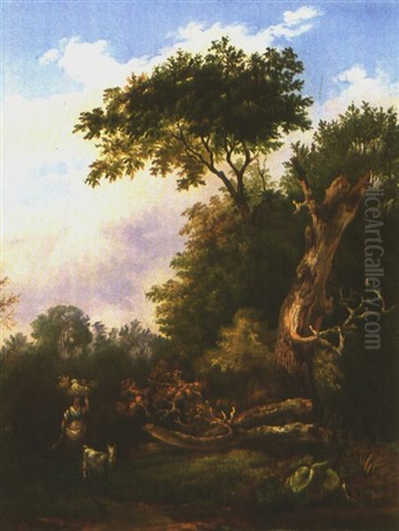 Waldlandschaft Mit Holzlerserin Und Ziege An Einem Sommertag Oil Painting by Josef Holzer